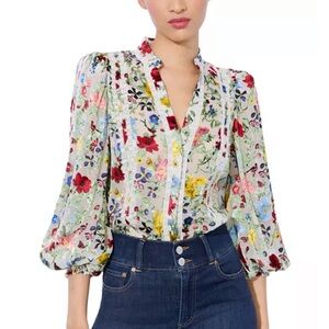 Alice + Olivia Arlette Blouson Lantern Sleeve V Neck Floral Women's Top. New